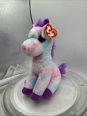 Ty Beanie Boo Hayden the Horse Tie Dye design pink blue, purple sparkly, eyes 6”